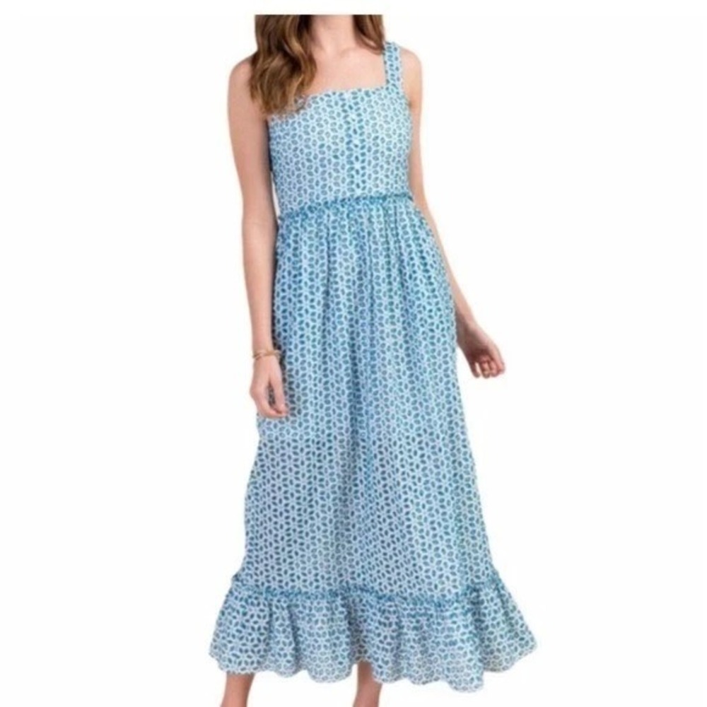 Blue Rain Francescas Blue White Eyelet Maxi Dress Ruffle Hem‎ Large NWT